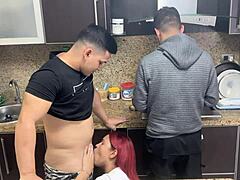Husband's friend inappropriately touches milf while cooking