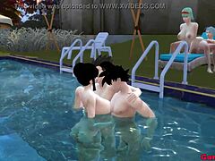 两个美丽的日本妻子在游泳池里进行激烈的交
